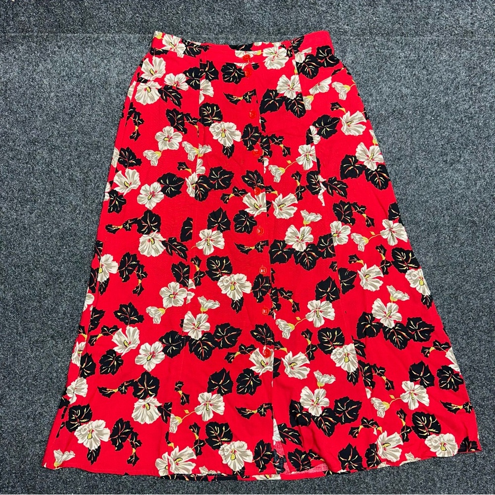 Sag Harbor Red Floral A-Line Skirt Tropical Hibiscus Island Beach Vacation